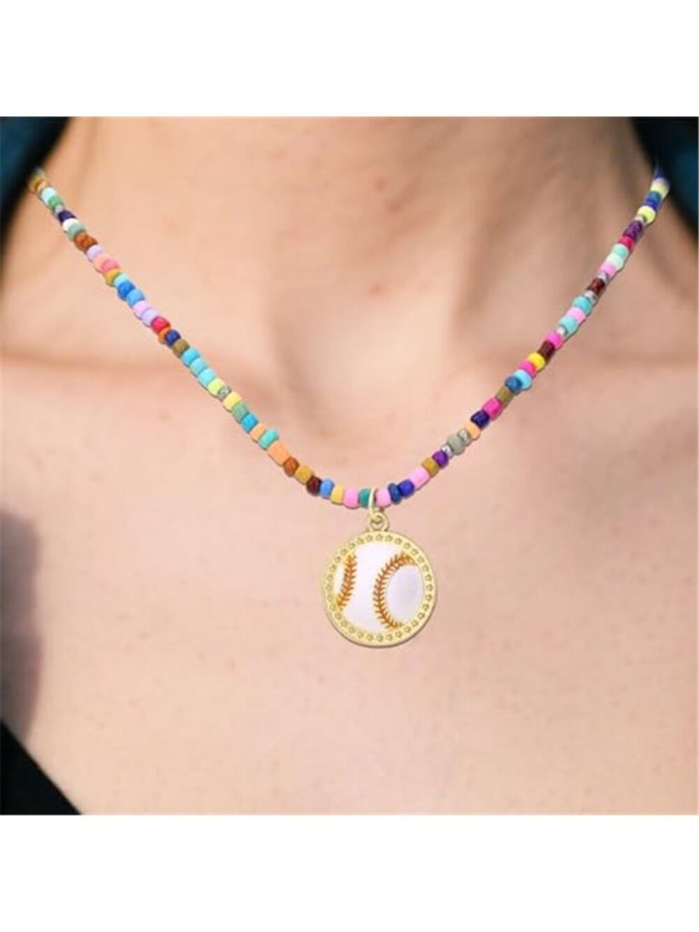 2pcs Softball Colorful Beaded Necklace, Adjustable Sports Pendant Necklace Team